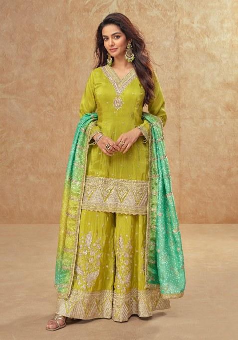 Lemon Embroidered Silk Sharara Suit