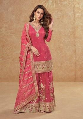 Pink Embroidered Silk Sharara Suit