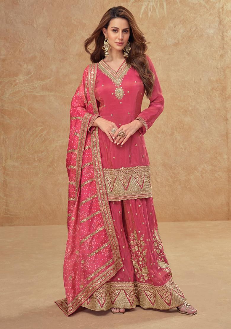 Pink Embroidered Silk Sharara Suit - Indya