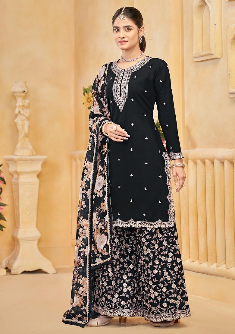 Black Embroidered Silk Salwar Suit - Indya