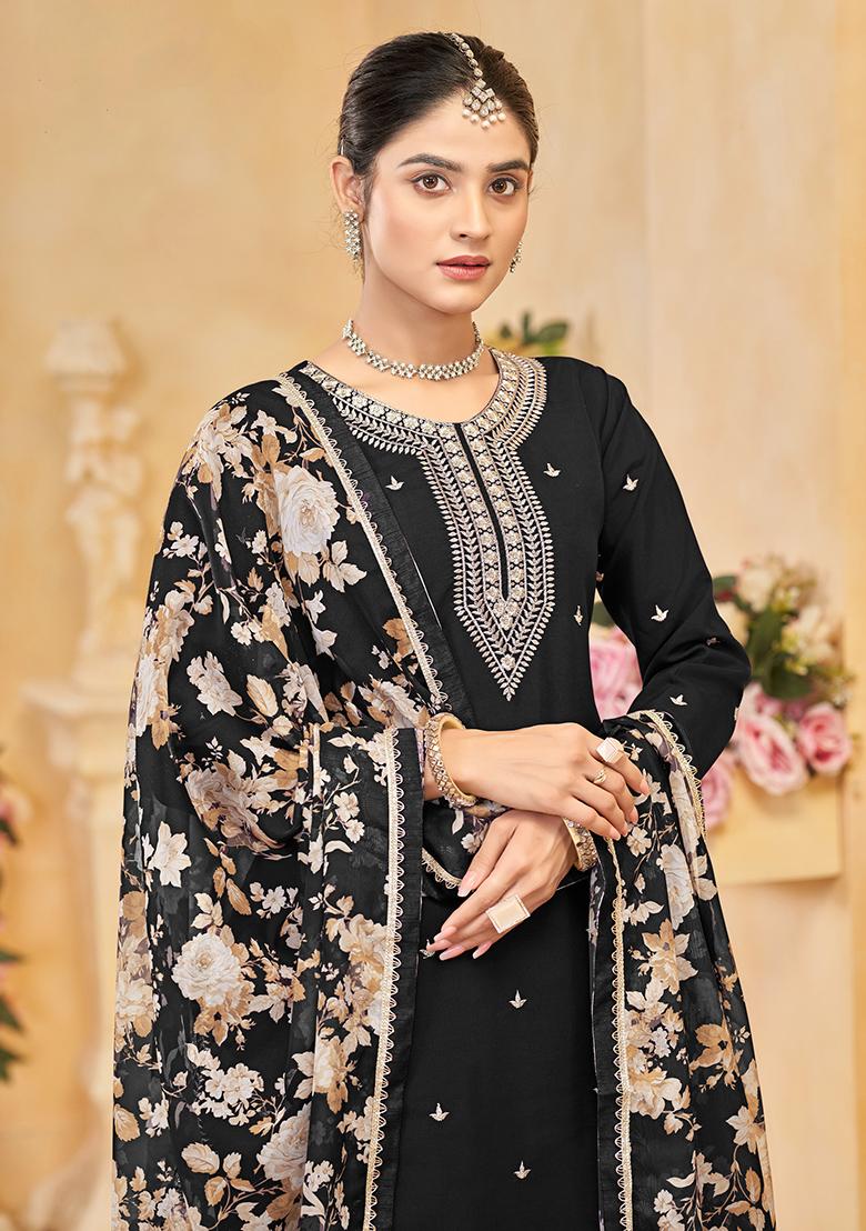 Black Embroidered Silk Salwar Suit - Indya
