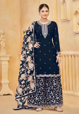 Navy Blue Embroidered Silk Salwar Suit