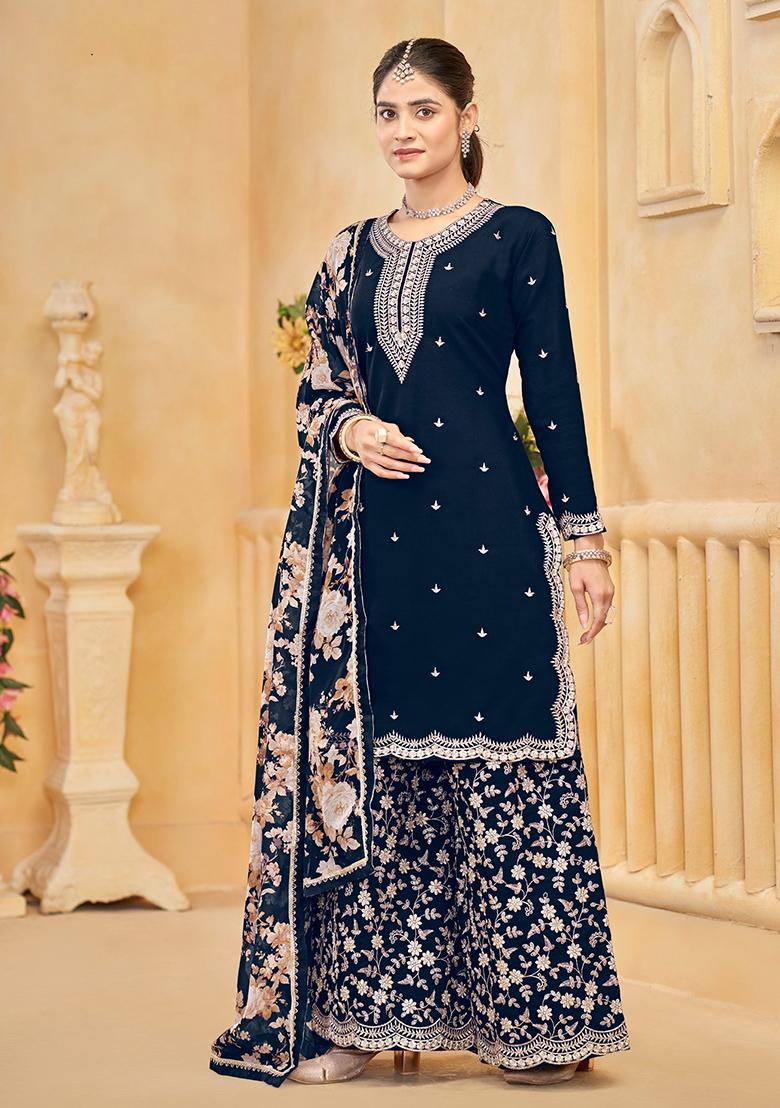 Navy Blue Embroidered Silk Salwar Suit - Indya