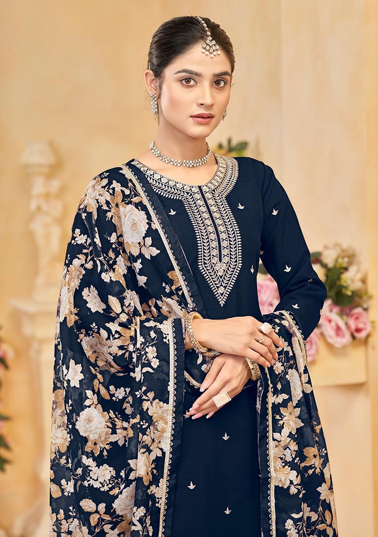 Navy Blue Embroidered Silk Salwar Suit - Indya