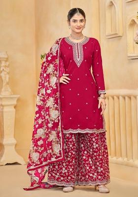 Red Embroidered Silk Salwar Suit