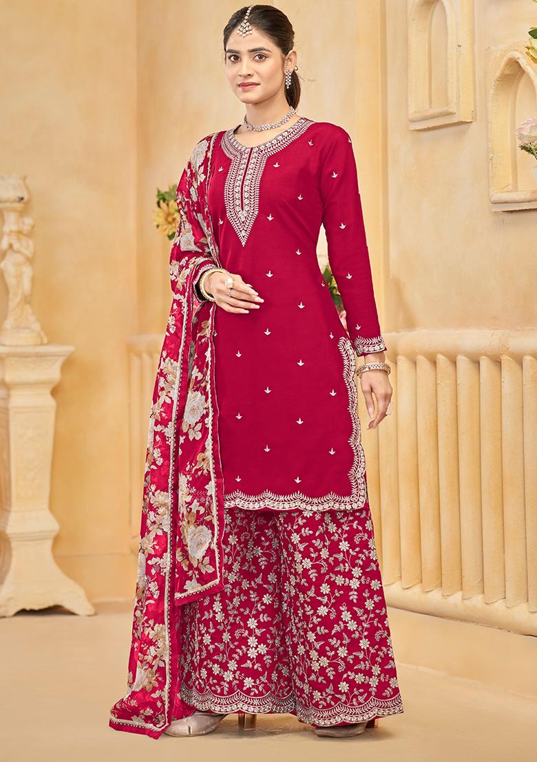 Red Embroidered Silk Salwar Suit - Indya
