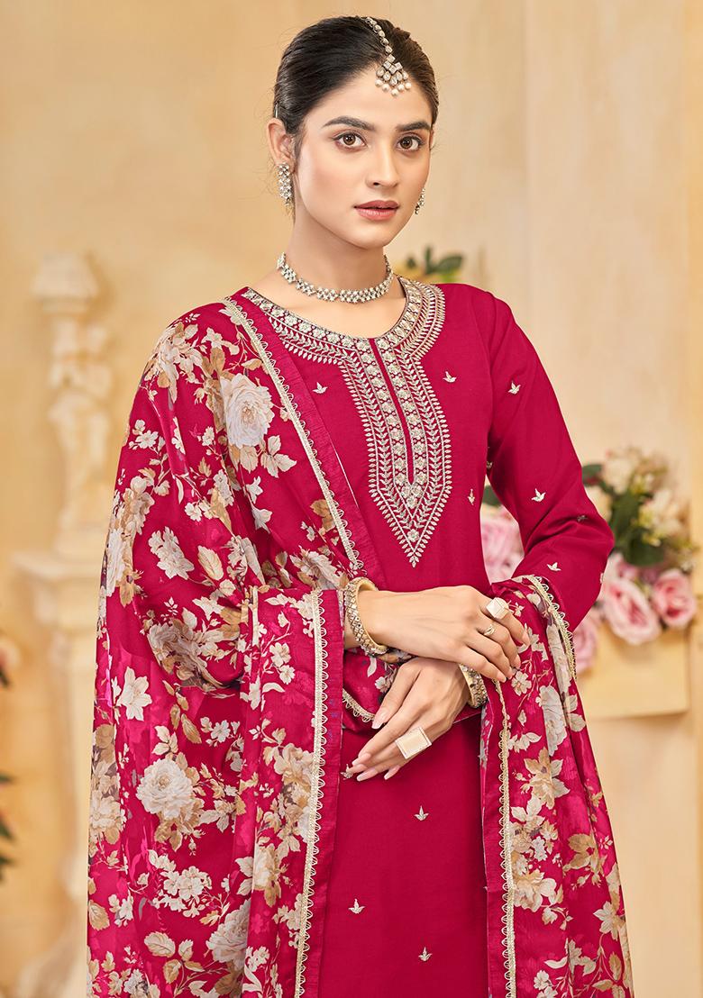 Red Embroidered Silk Salwar Suit - Indya