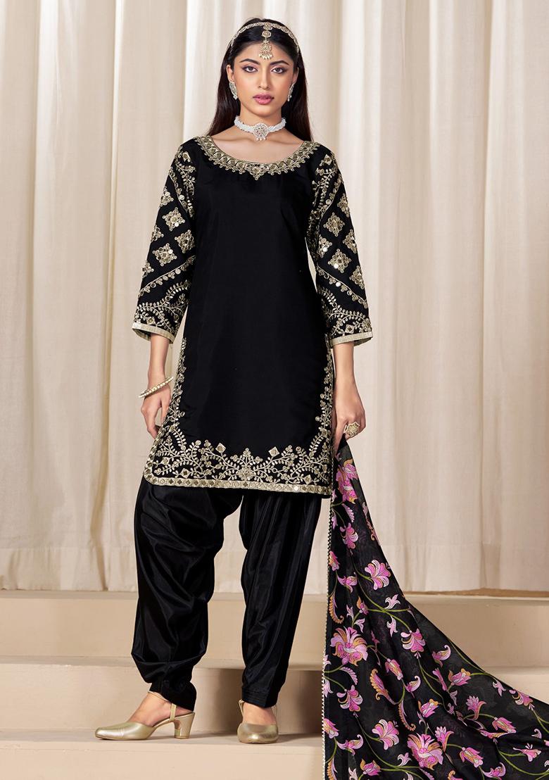 Black Embroidered Silk Salwar Suit - Indya