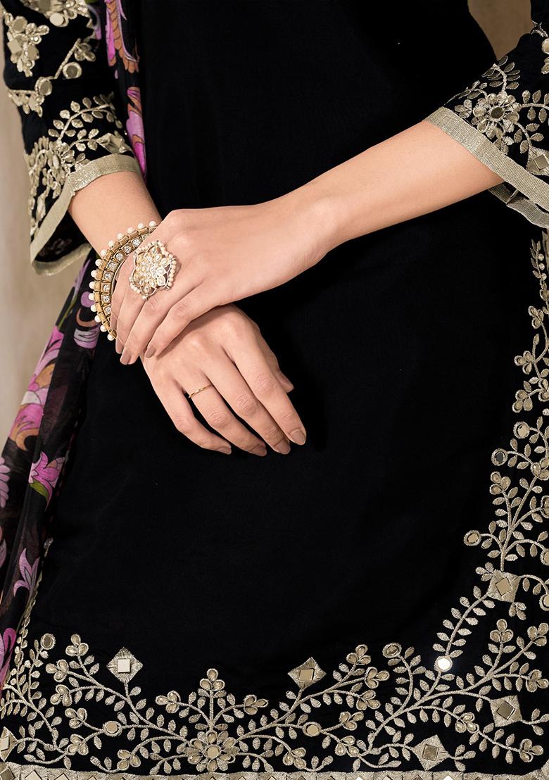 Black Embroidered Silk Salwar Suit - Indya