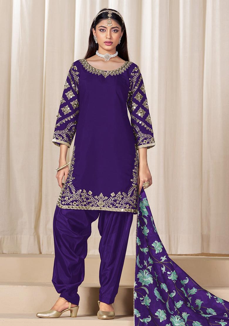 Purple Embroidered Silk Salwar Suit - Indya