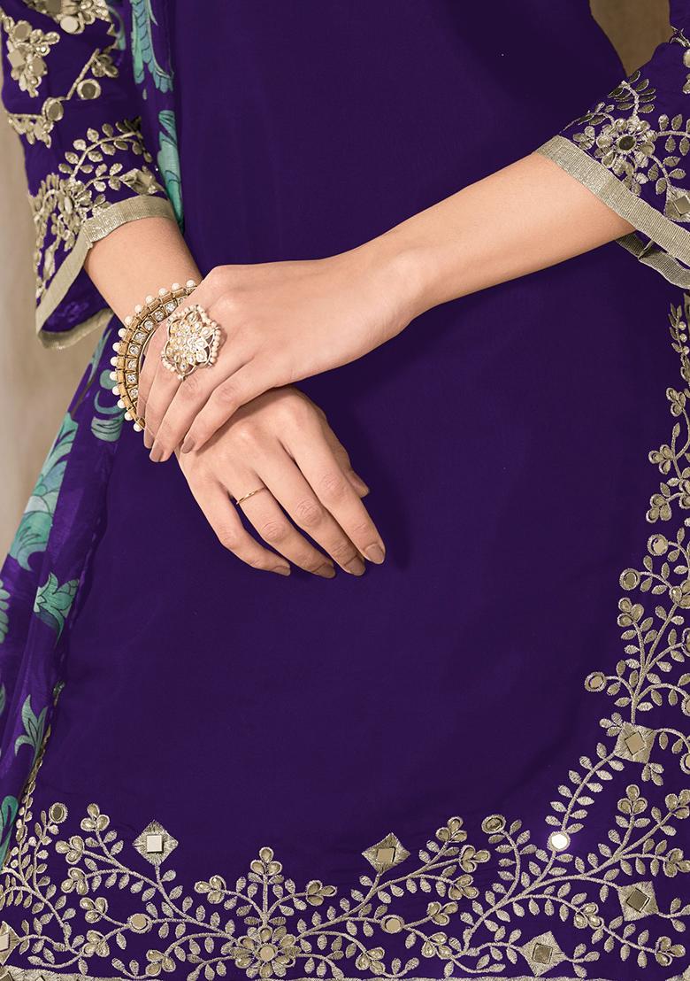 Purple Embroidered Silk Salwar Suit - Indya