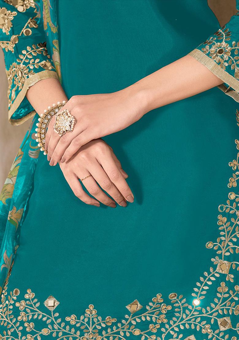 Teal Blue Embroidered Silk Salwar Suit - Indya