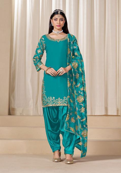 Teal Blue Embroidered Silk Salwar Suit