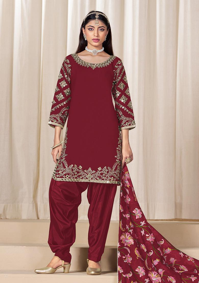 Blood Red Embroidered Silk Salwar Suit - Indya