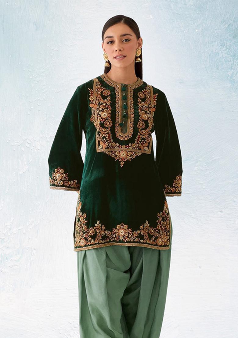 Dark Green Embroidered Velvet Salwar Suit - Indya