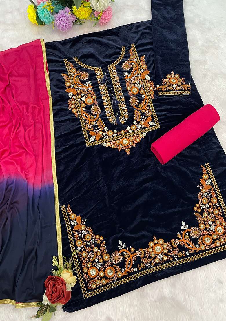 Black Embroidered Velvet Punjabi Suit - Indya