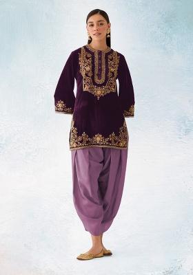 Dark Purple Embroidered Velvet Salwar Suit