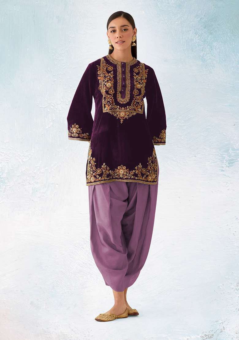 Dark Purple Embroidered Velvet Punjabi Suit - Indya