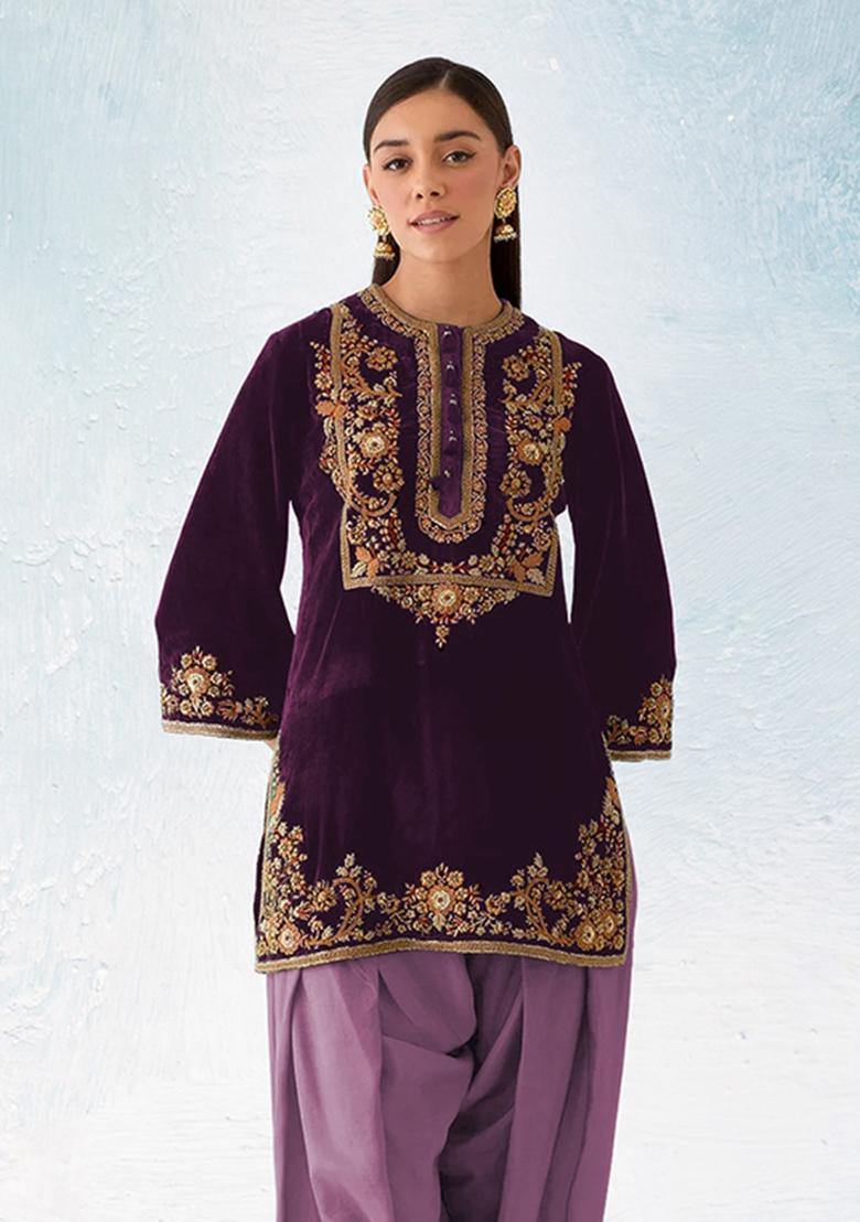 Dark Purple Embroidered Velvet Salwar Suit - Indya