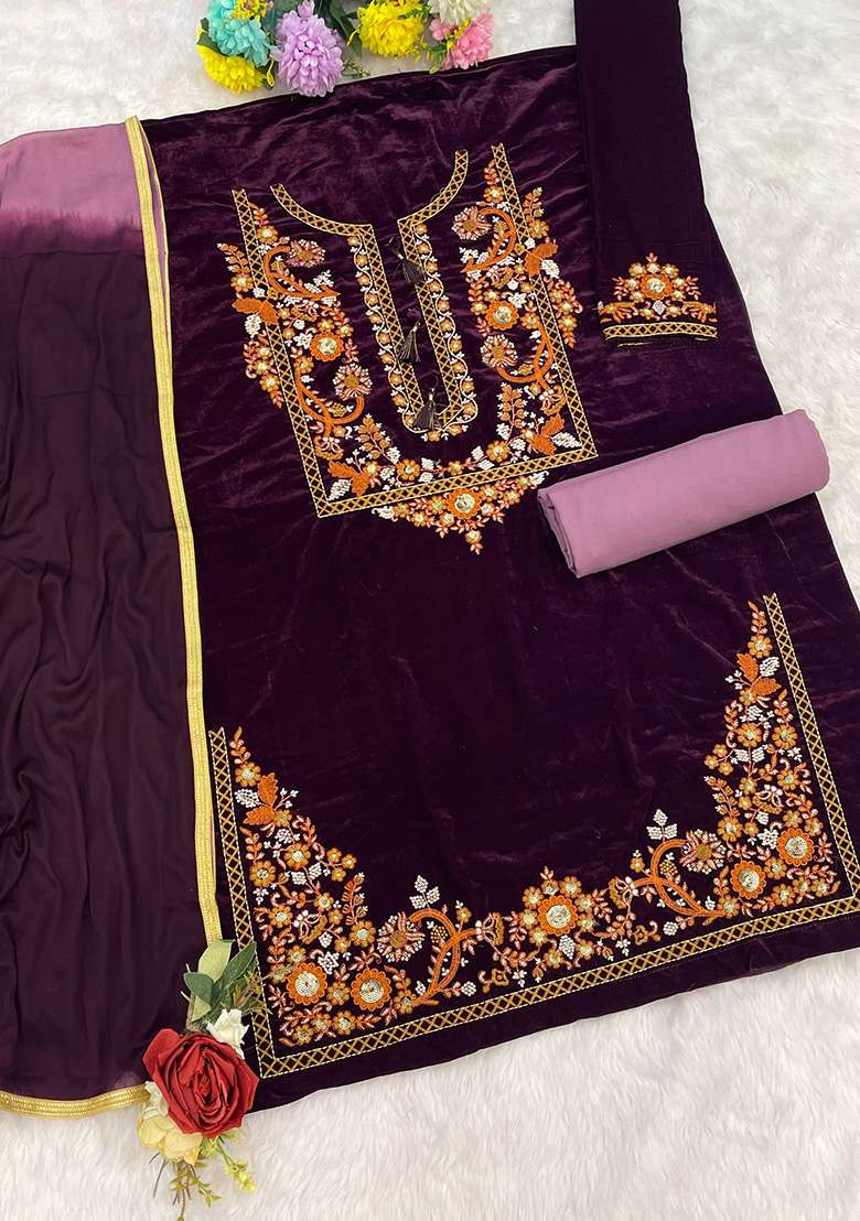 Dark Purple Embroidered Velvet Punjabi Suit - Indya