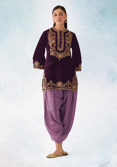 Dark Purple Embroidered Velvet Salwar Suit