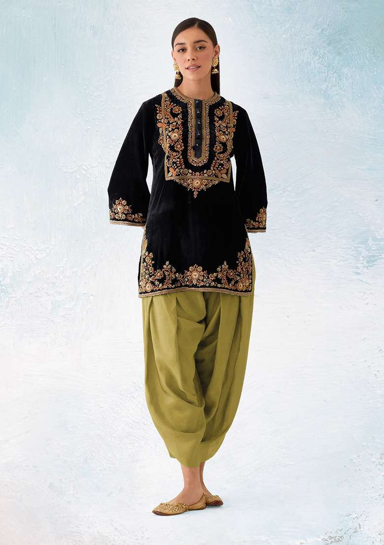 Black Embroidered Velvet Punjabi Suit - Indya