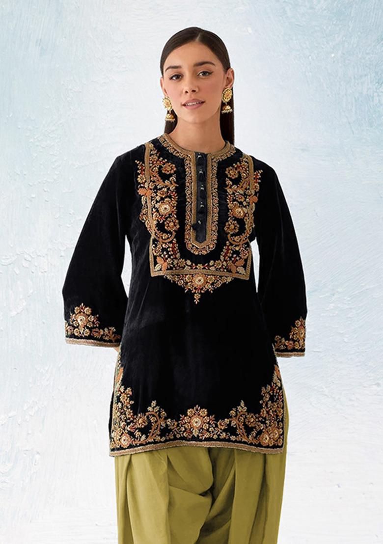 Black Embroidered Velvet Salwar Suit - Indya