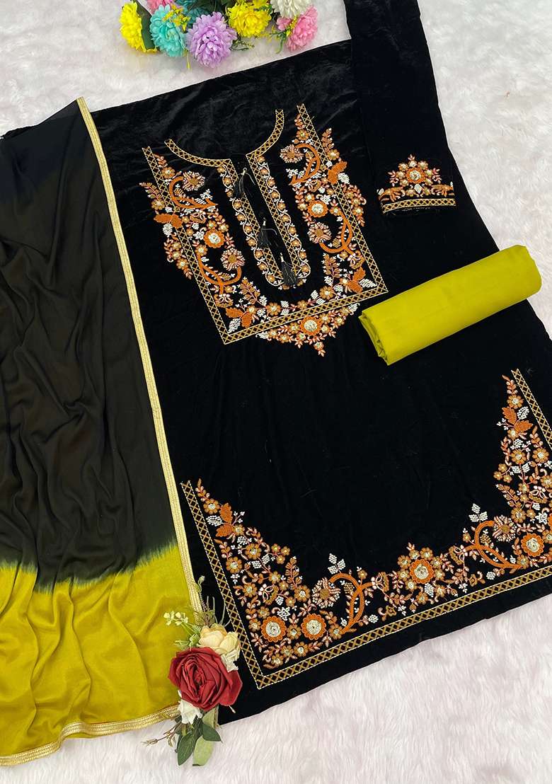 Black Embroidered Velvet Punjabi Suit - Indya