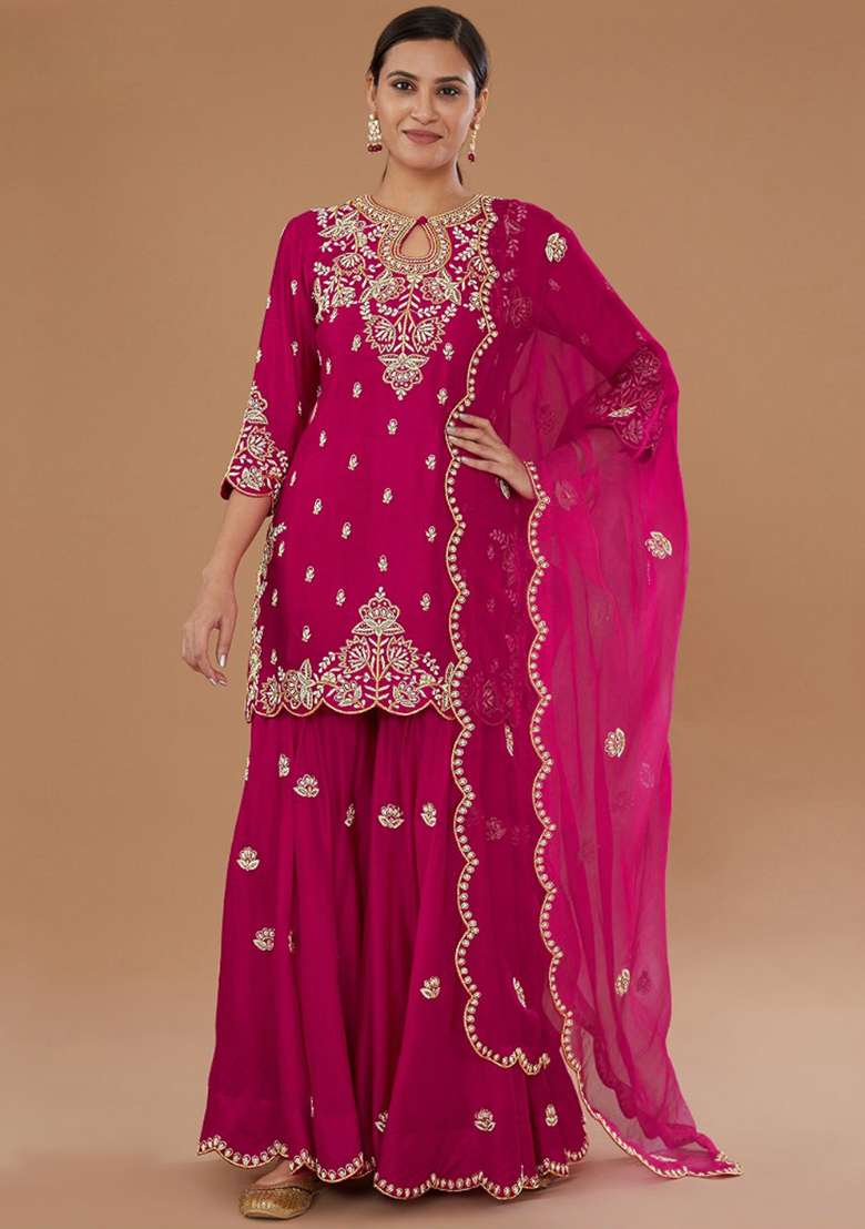 Magenta Embroidered Silk Blend Sharara Set - Indya