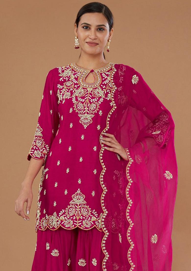 Magenta Embroidery Silk Salwar Suit - Indya
