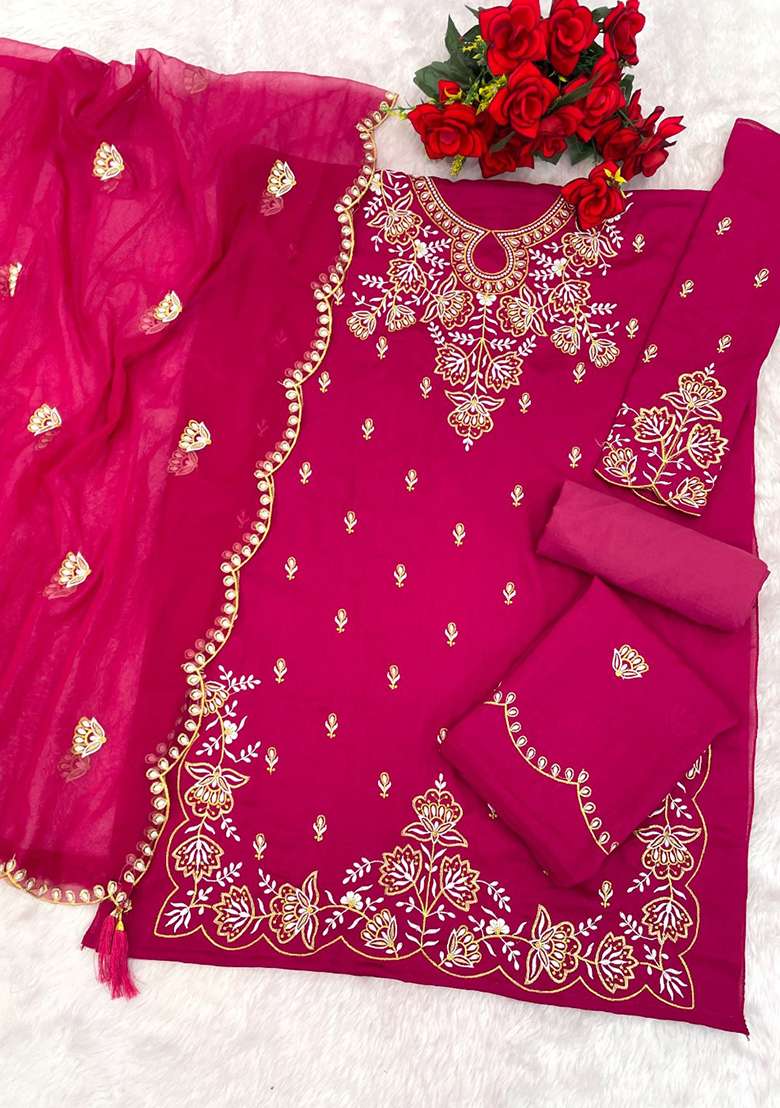 Magenta Embroidered Silk Blend Sharara Set - Indya