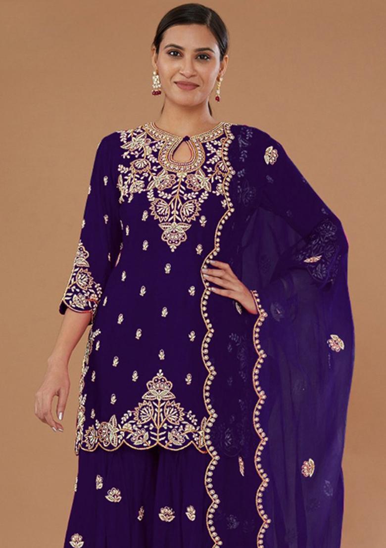 Violet Embroidery Silk Salwar Suit - Indya