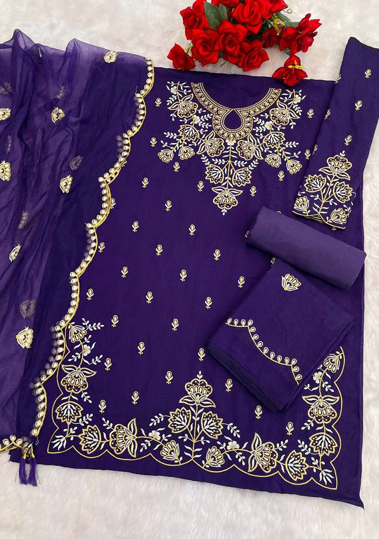 Violet Embroidered Silk Blend Sharara Set - Indya