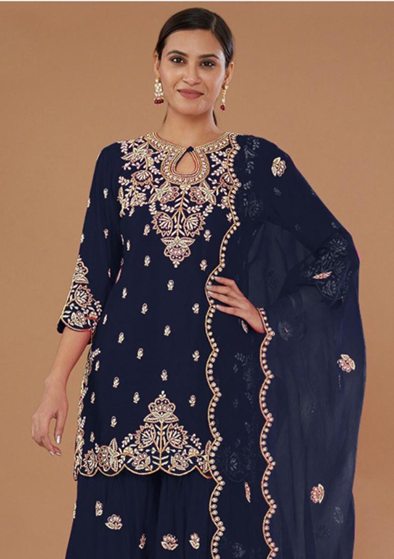 Navy Blue Embroidery Silk Salwar Suit - Indya