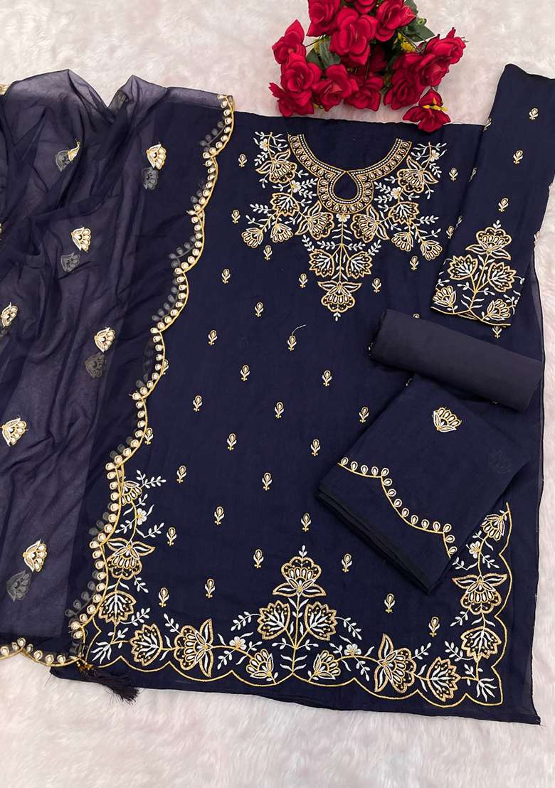 Navy Blue Embroidered Silk Blend Sharara Set - Indya