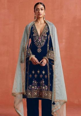 Navy Blue Embroidered Velvet Salwar Suit