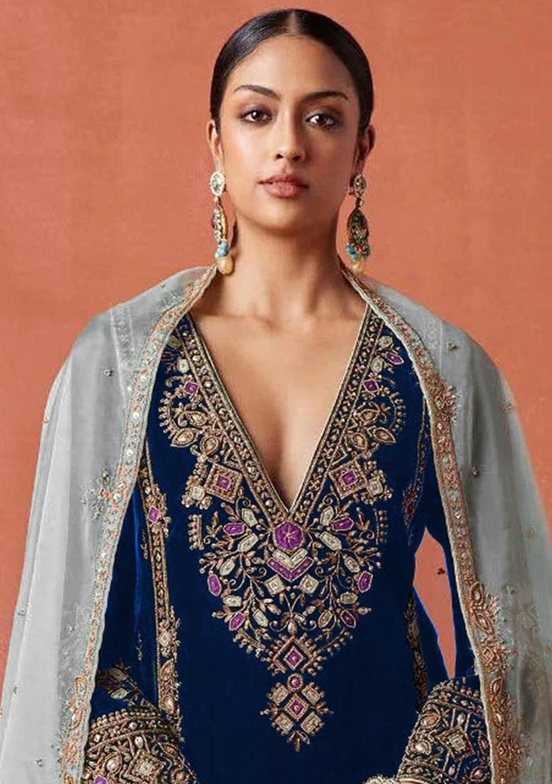 Navy Blue Embroidered Velvet Salwar Suit - Indya