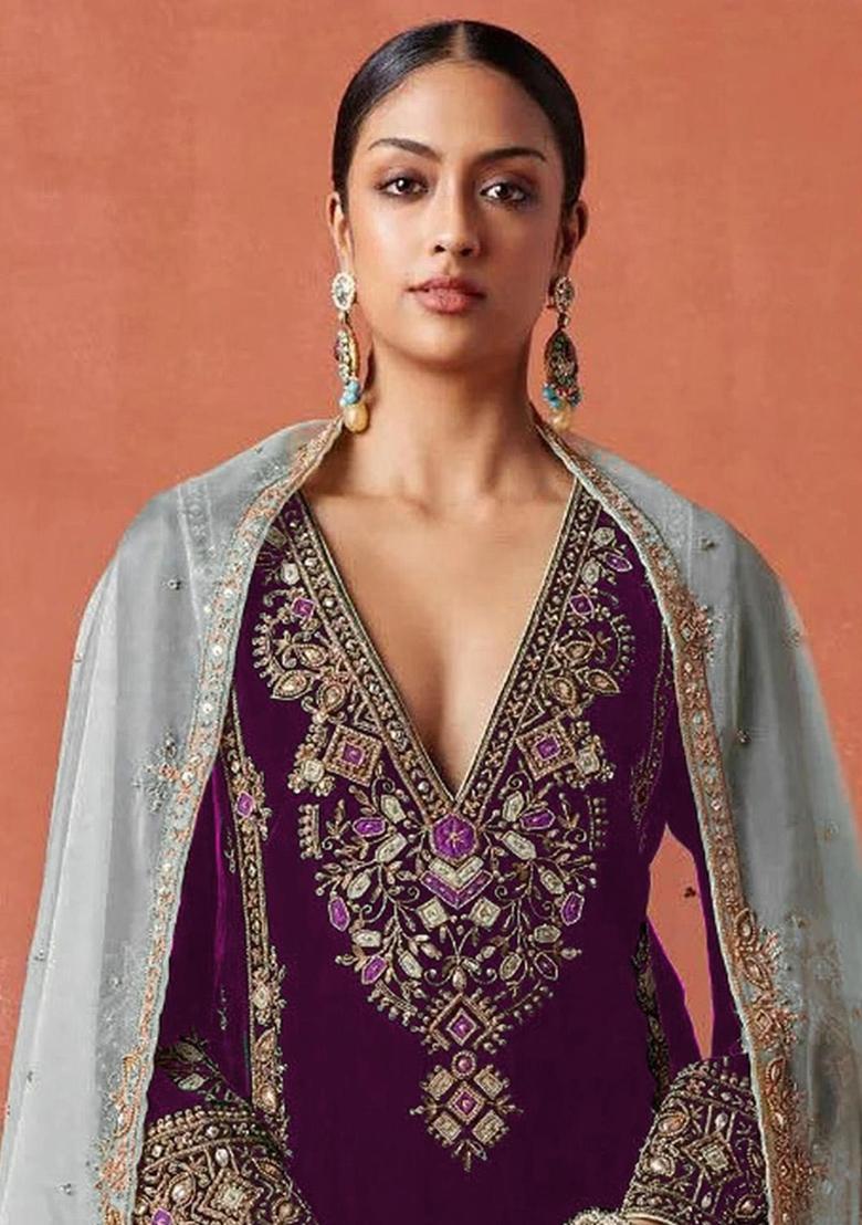 Maroon Embroidered Velvet Salwar Suit - Indya