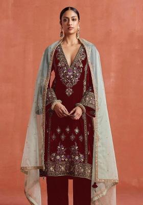 Red Embroidered Velvet Salwar Suit