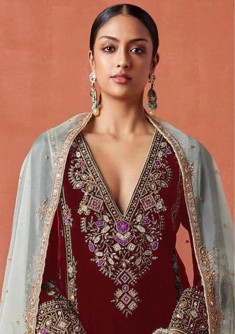Red Embroidered Velvet Salwar Suit - Indya