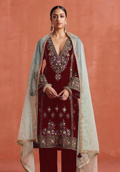 Red Embroidered Velvet Salwar Suit