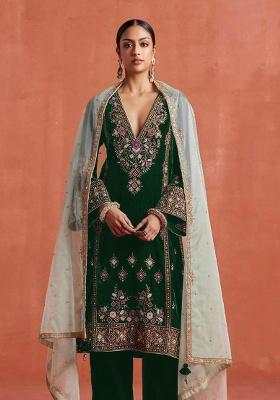 Dark Green Embroidered Velvet Salwar Suit