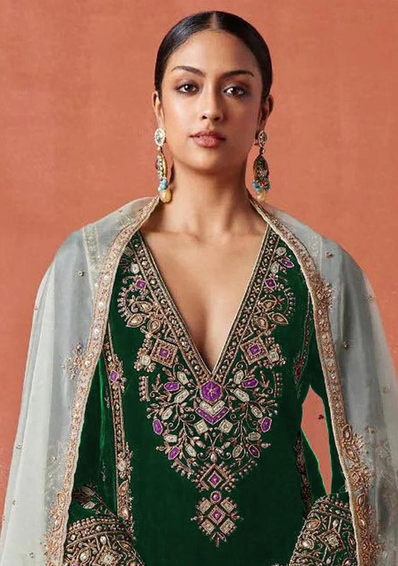 Dark Green Embroidered Velvet Salwar Suit - Indya