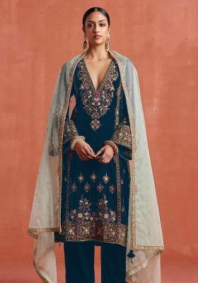 Teal Embroidered Velvet Salwar Suit