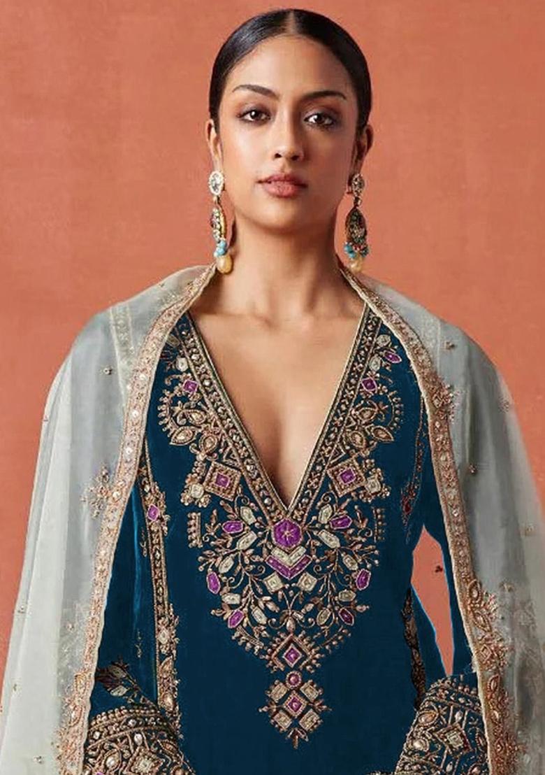 Teal Embroidered Velvet Salwar Suit - Indya