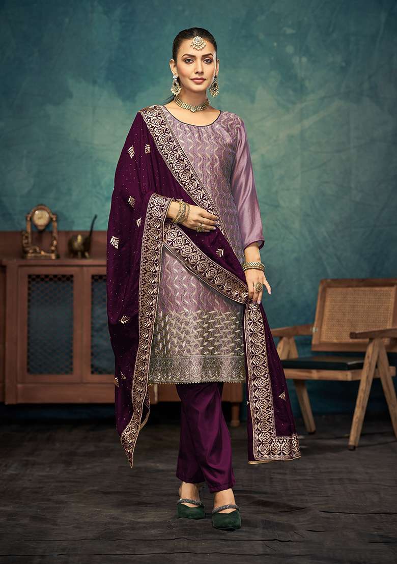 Light Purple Jacquard Silk Blend Pakistani Suit Set - Indya