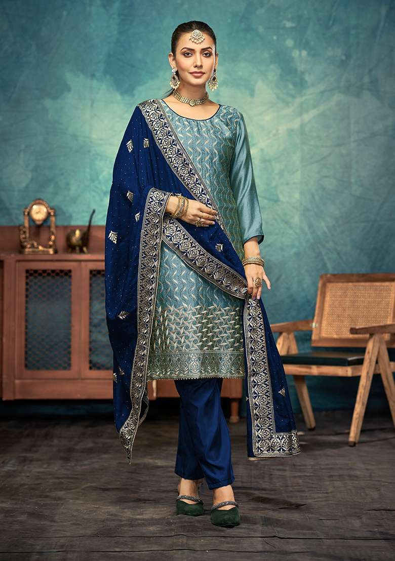 Light Teal Jacquard Silk Blend Pakistani Suit Set - Indya