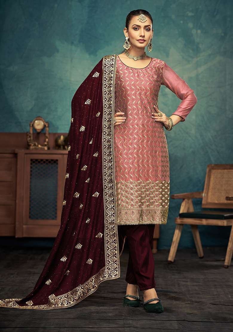 Peach Jacquard Silk Blend Pakistani Suit Set - Indya