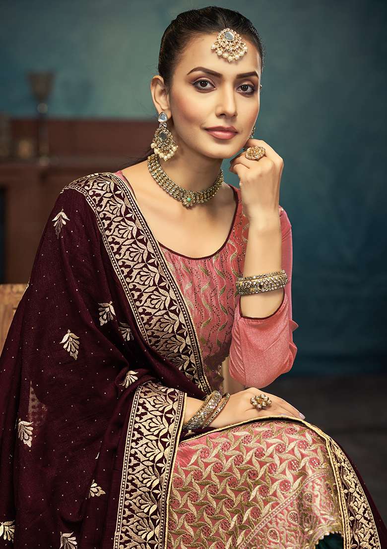 Peach Jacquard Silk Blend Pakistani Suit Set - Indya