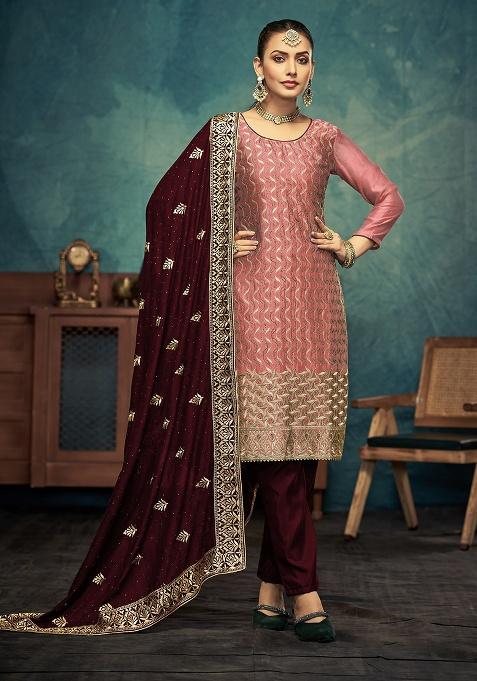 Peach Embroidered Silk Salwar Suit